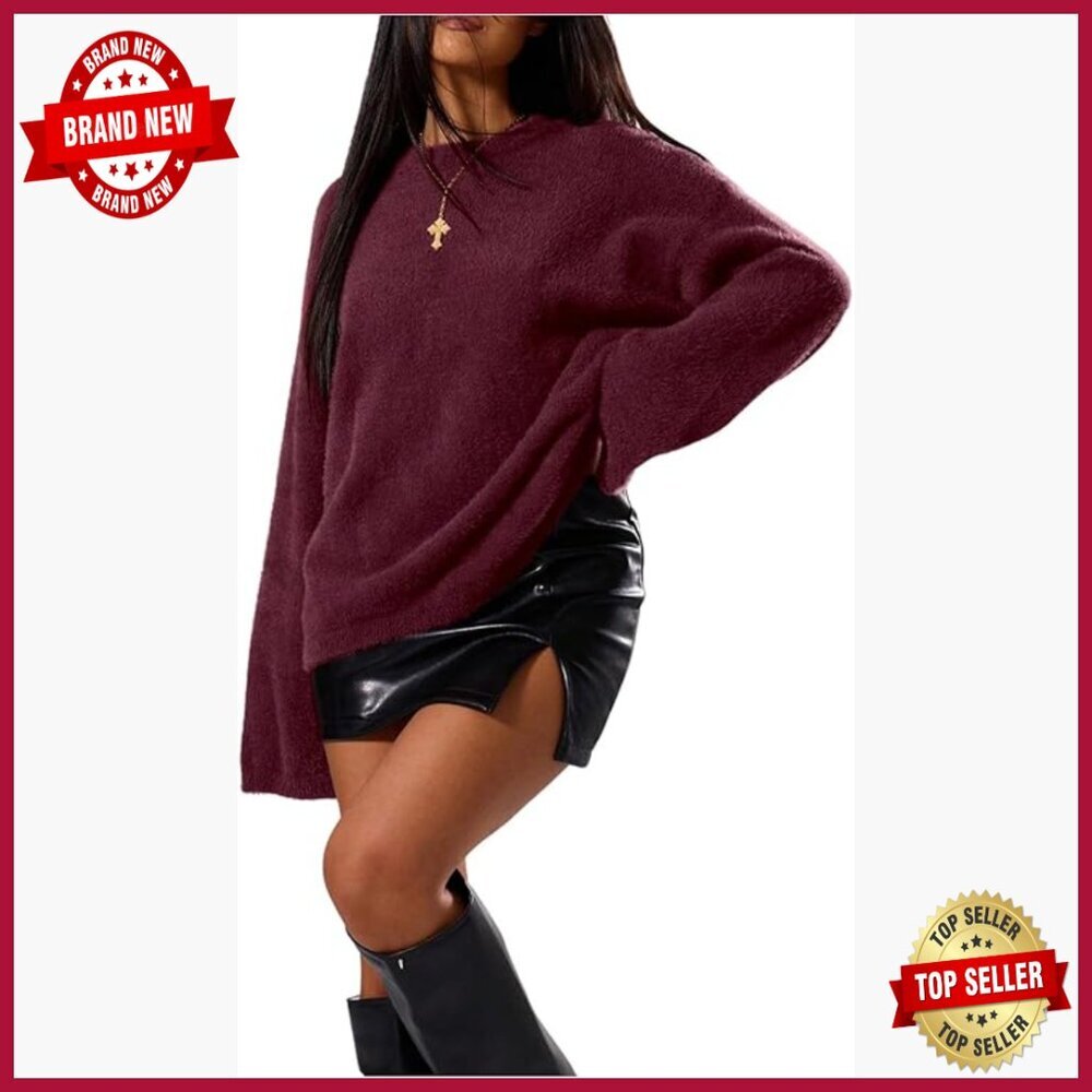 Oversized Fuzzy Knit Pullover Sweater Long Sleeve Crew Neck